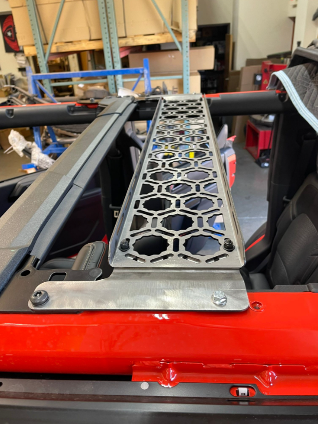 Bronco Raptor 2022 inside roof panel mount installed across the rear seat area, showcasing a durable metal design.