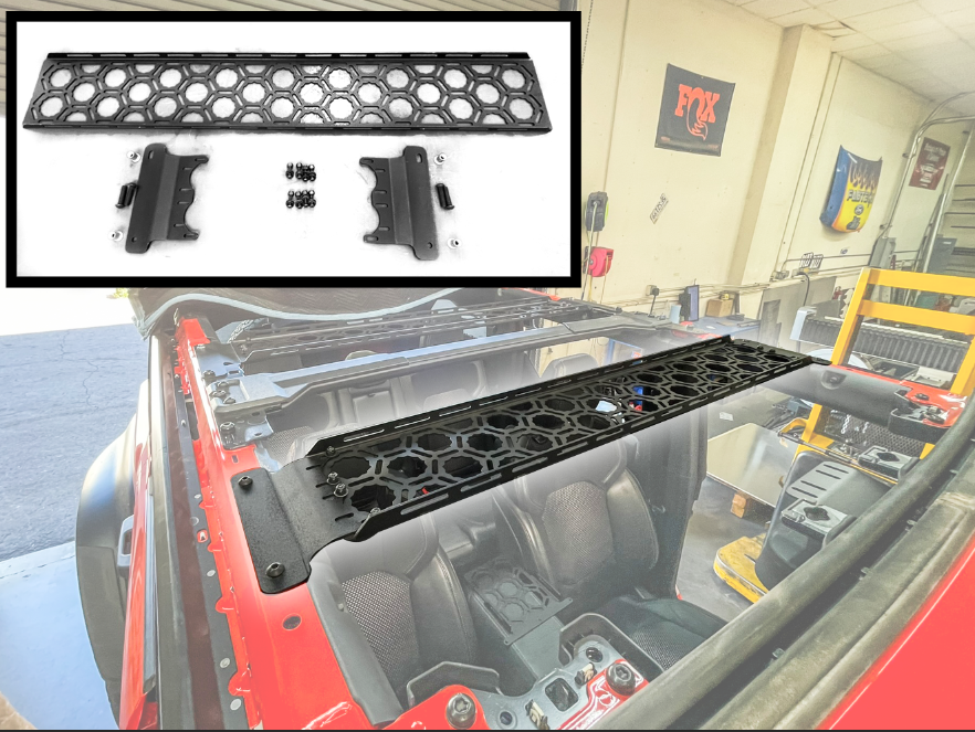Inside roof mount for 2021+ Bronco by Adapt-A-Panel, featuring a honeycomb design for added storage and style.