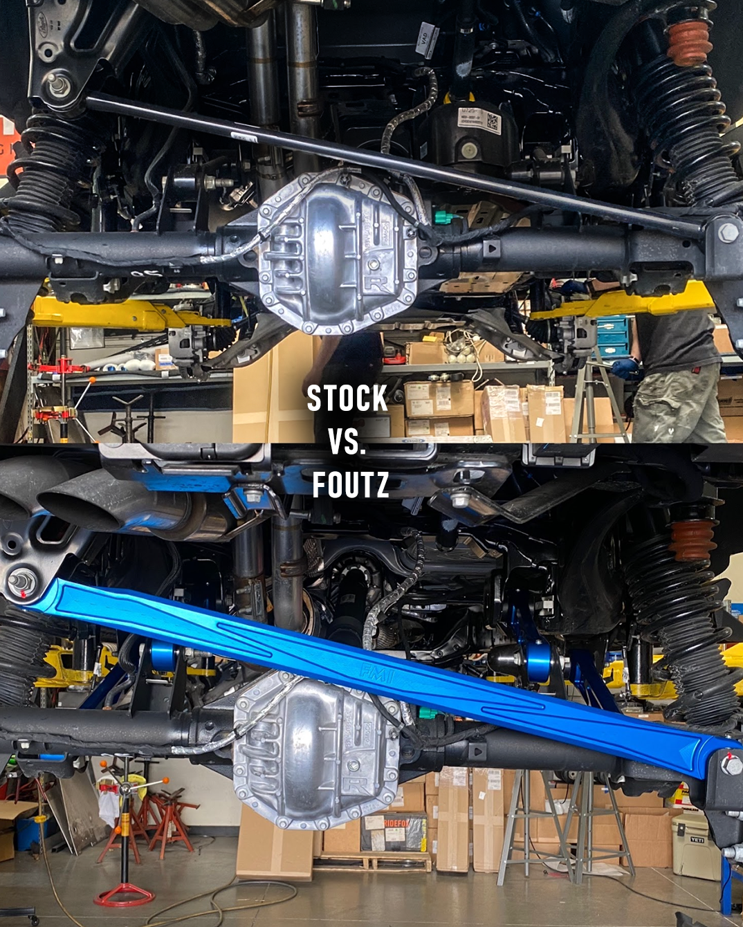 2022+ Bronco Raptor billet panhard bar with Ultra-Flex joint displayed alongside stock version, showcasing performance upgrade.