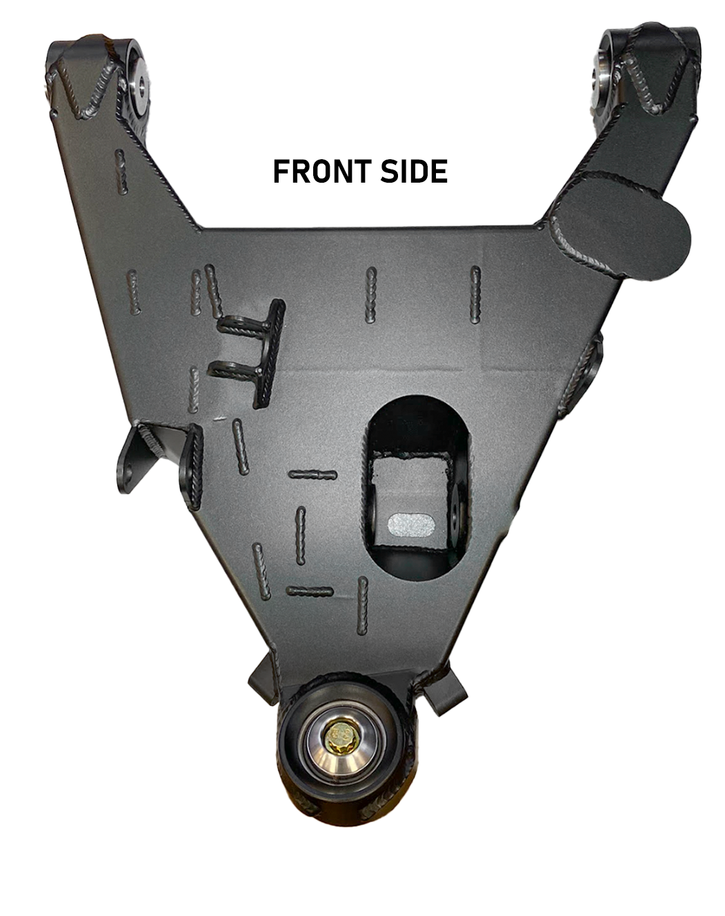 Fabricated lower control arms for 2022+ Bronco Raptor, designed for stock width, showcasing front side view and construction details.