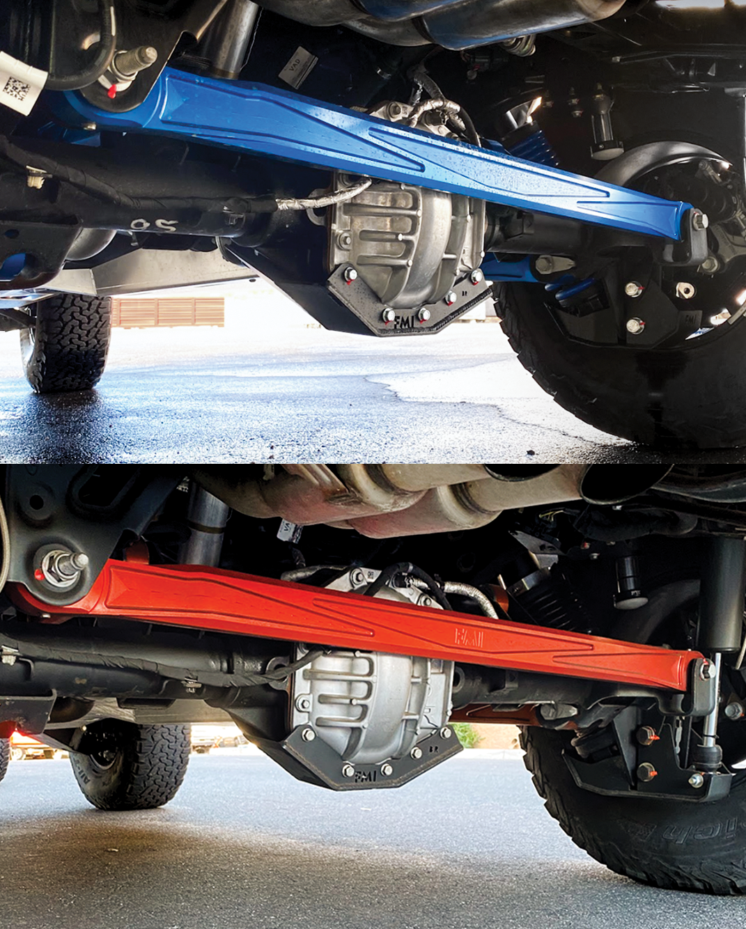 2022+ Bronco Raptor billet panhard bar with ultra-flex joint, showcasing blue and red finishes for enhanced performance.