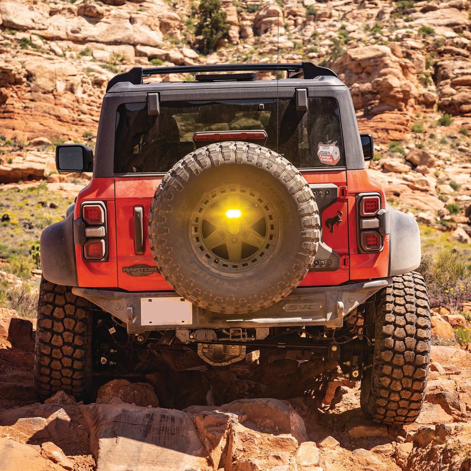 Rear view of a 2021 Ford Bronco with a Baja bumper, showcasing rugged tires and offroad terrain.