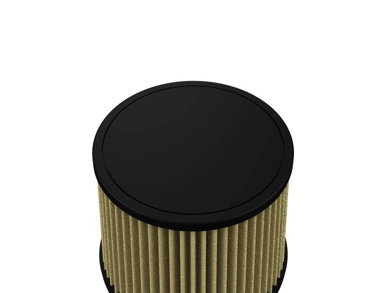 Universal air filter with a cylindrical design, featuring a black top and pleated filter material for enhanced airflow.