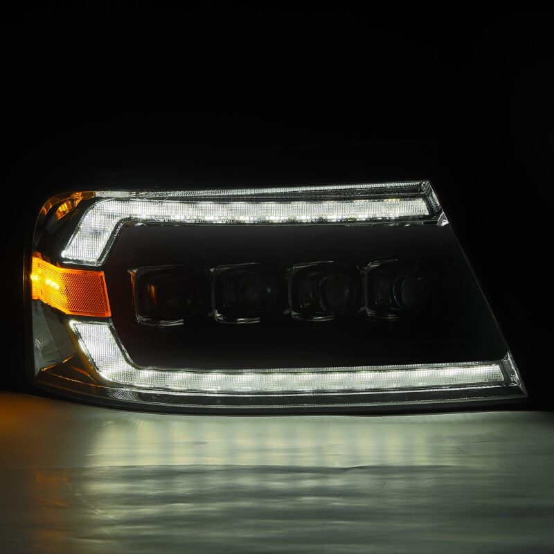 AlphaRex NOVA-Series LED projector headlight for 2004-2008 Ford F-150, featuring active lighting and sequential signals.