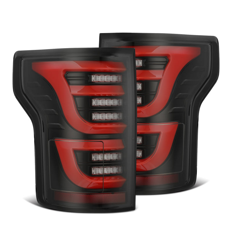 AlphaRex Luxx LED tail lights for 15-20 Ford F-150 in black and red, designed for enhanced visibility and style.