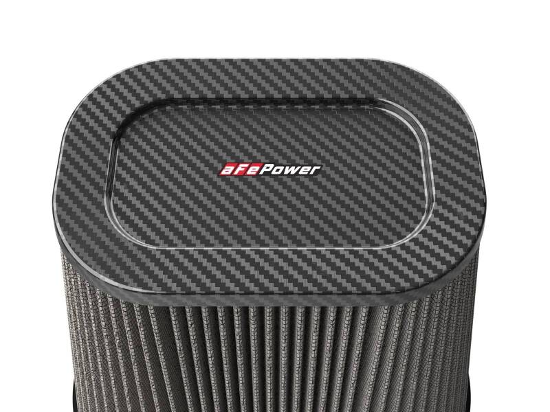 aFe Track Series replacement air filter featuring a carbon fiber top and pleated design for enhanced airflow and performance.
