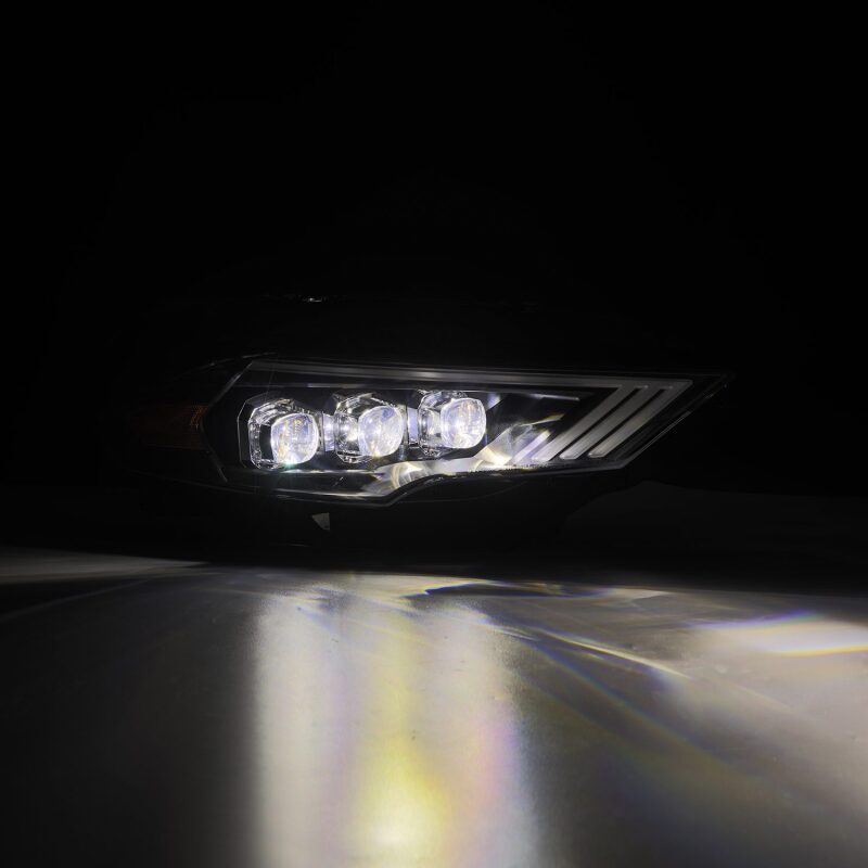 AlphaRex NOVA-Series LED projector headlights for 2018-2022 Ford Mustang in black, showcasing bright illumination and sleek design.