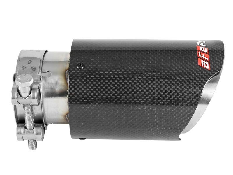 Afe MACH Force-Xp universal exhaust tip featuring a 2-1/2 inch inlet, 3-1/2 inch outlet, and 7 inch length with a sleek design.