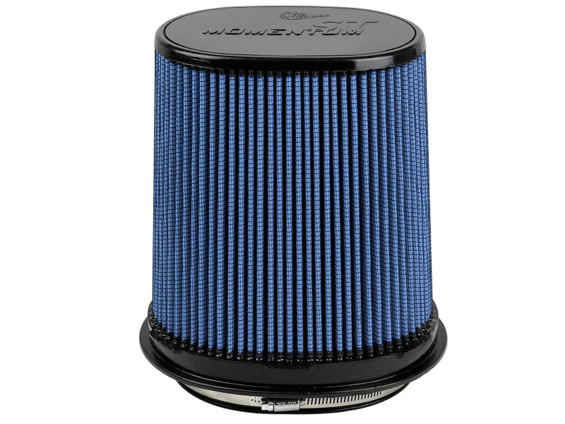 afe Momentum Intake replacement air filter features a cylindrical design with a blue filter media and a black base, measuring 9 inches in height.