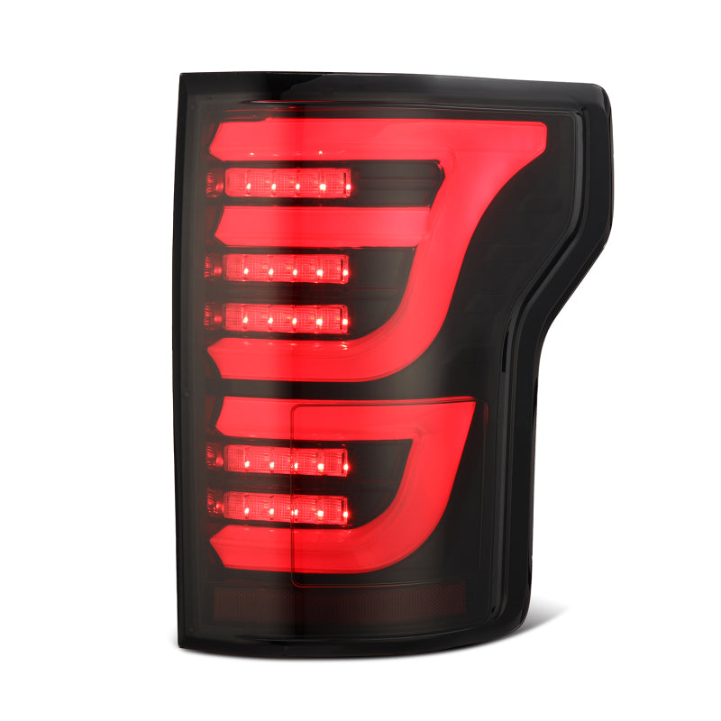 AlphaRex Luxx LED tail lights for 2015-2020 Ford F-150 in black and red, designed for enhanced visibility and style.