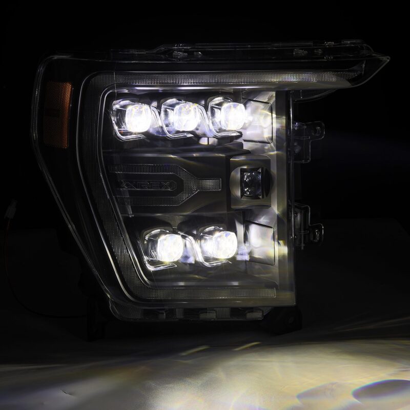 AlphaRex NOVA LED projector headlights for 21-22 Ford F-150, featuring plank style design with sequential signals.