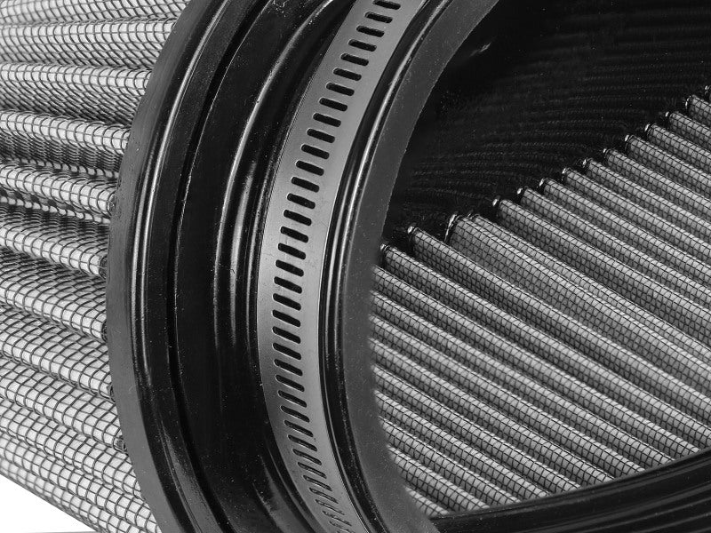 Close-up of the aFe Magnum FORCE replacement air filter, showcasing its durable construction and precise dimensions for optimal airflow.