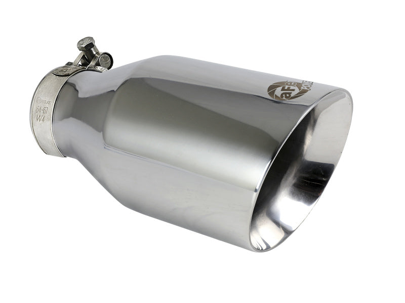 Polished afe MACH Force-Xp universal exhaust tip with a 2-1/2 inch inlet, 4-1/2 inch outlet, and 9 inch length.