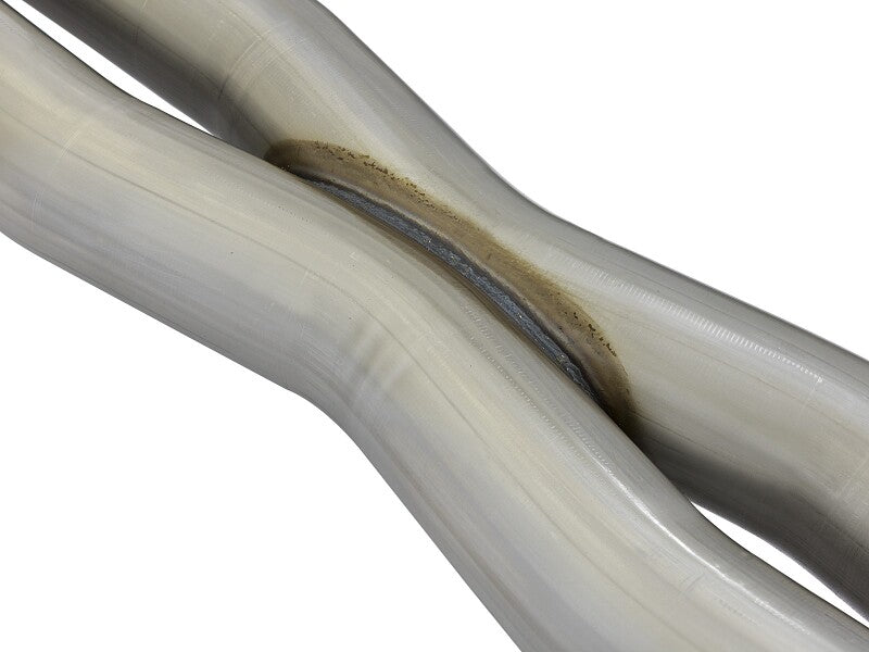 Close-up of the afe MACH Force-Xp X-Pipe for Chevrolet Corvette C7 and Z06, showcasing high-quality welds and smooth curves.