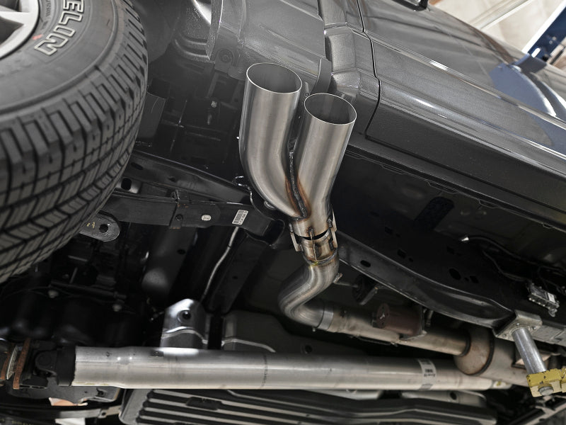 DPF-back exhaust system for Ford F-150 V6-3.0L, showcasing dual polished tips and durable stainless steel construction.