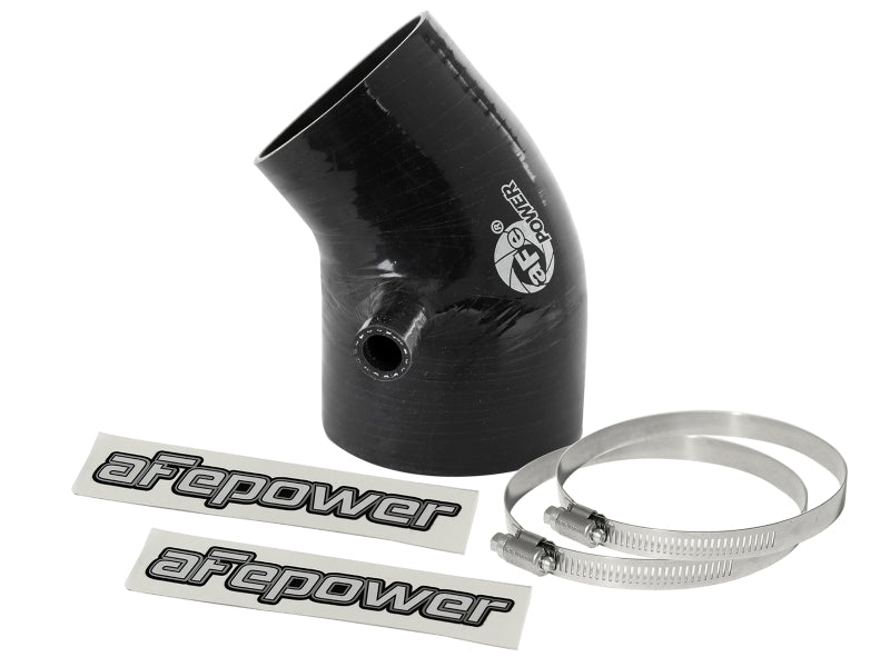 Black afe Magnum FORCE Intake Coupling Kit featuring a 40-degree elbow, clamps, and decals for enhanced airflow performance.