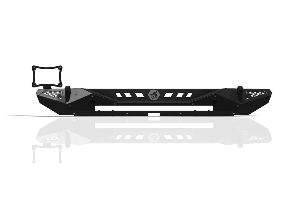 Blaze rear bumper with lightbar cutout designed for Jeep Wrangler JL, featuring a rugged black finish and ventilation slots.