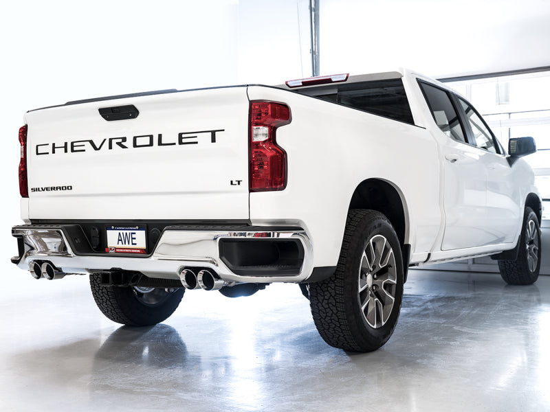 AWE Tuning 4th Gen GM 1500 5.3L 0FG Cat-Back Split Rear Exit (w/ Bumper Cutouts) - Quad Chrome Tips