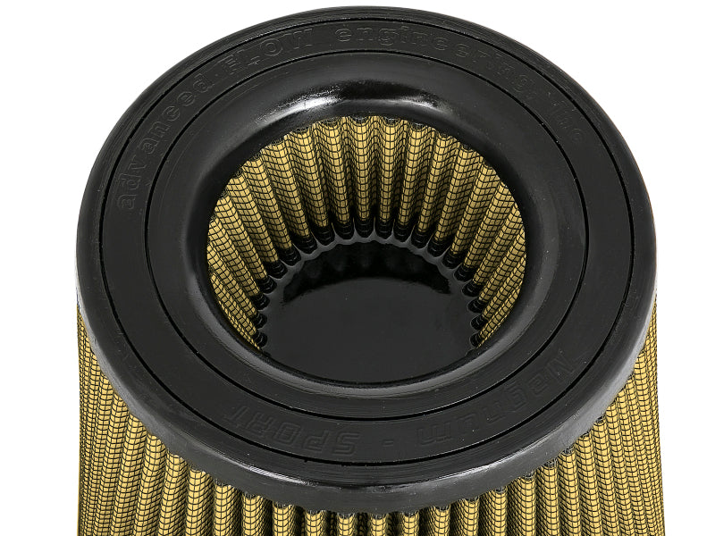 Afe Track Series intake replacement air filter featuring a cylindrical design with a black top and gold mesh material.