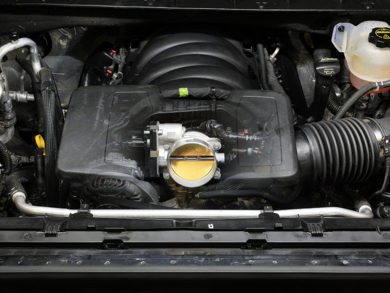 aFe 14-25 Chevrolet Corvette V8 6.2L 95mm throttle body installed in an engine bay, showcasing performance upgrades.