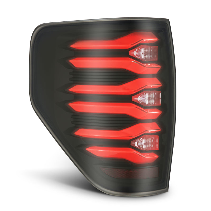 AlphaRex LUXX LED taillights for 09-14 Ford F150 in black and red housing, featuring a modern design and enhanced visibility.