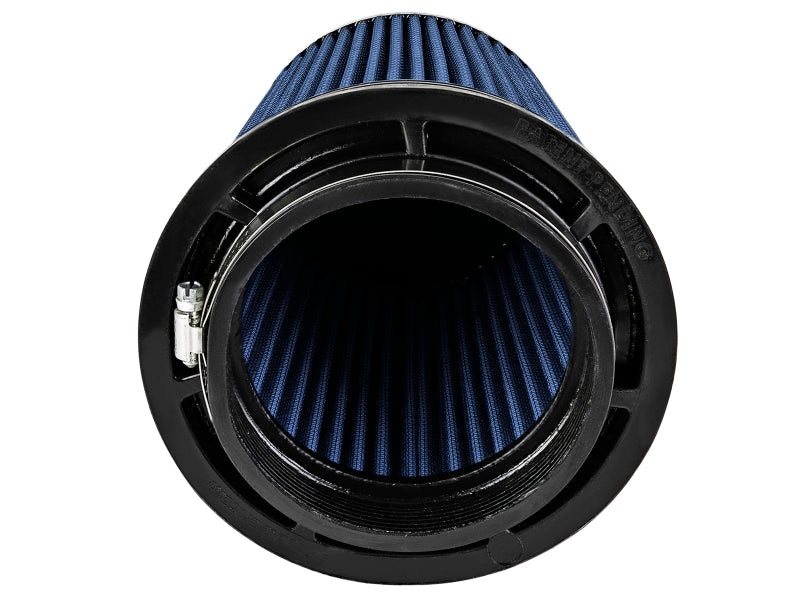 Afe Momentum Intake replacement air filter with a cylindrical design and blue filter media for improved airflow and performance.