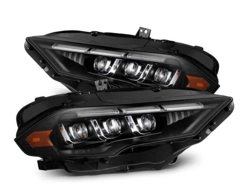 AlphaRex NOVA LED projector headlights for 2018-2020 Ford Mustang in black with sequential signals and switchable DRL.