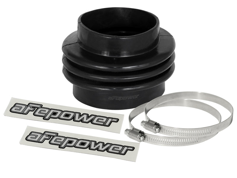 afe Magnum FORCE Intake Coupling Kit featuring a black straight bellow, two clamps, and aFe Power decals for enhanced airflow.