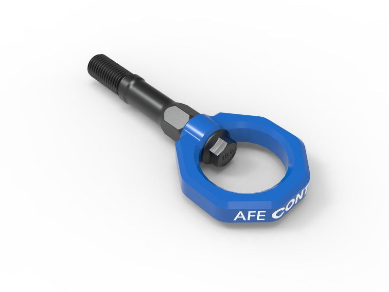 aFe CONTROL Tow Hook for Chevrolet Corvette C8, designed for 2020-2025 V8-6.2L models, featuring a durable blue finish.