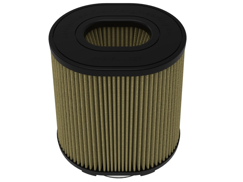afe Magnum FORCE replacement air filter with a cylindrical design, featuring a black top and pleated filter material for improved airflow.