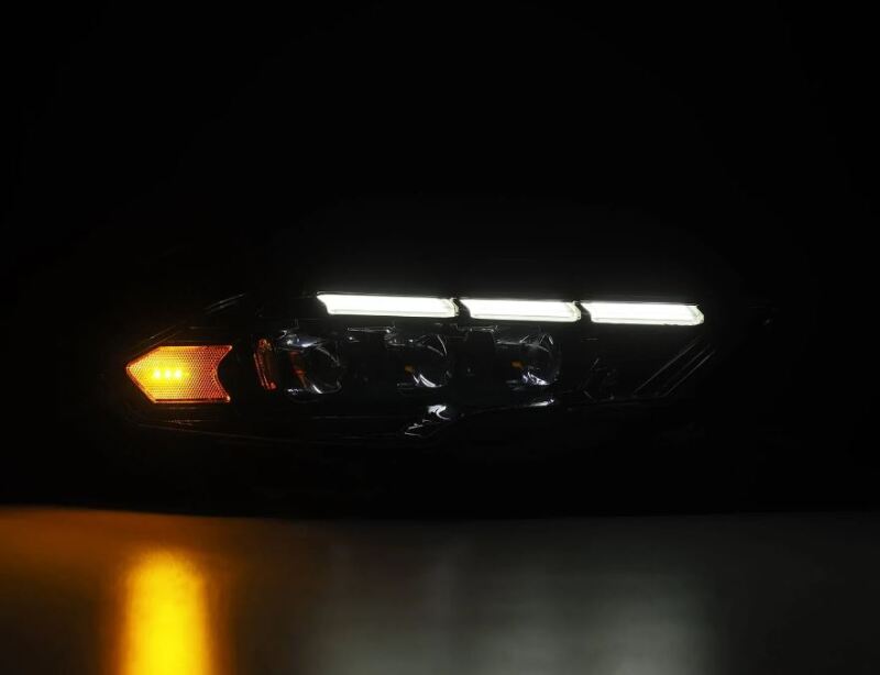 AlphaRex NOVA LED projector headlights for 2018-2020 Ford Mustang in black with sequential signal and daytime running lights.