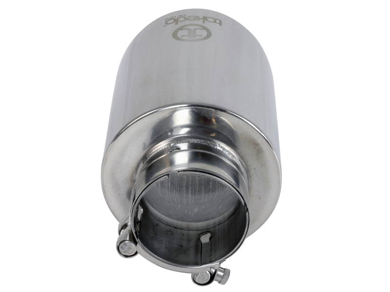 Polished stainless steel afe Takeda universal exhaust tip with a 2-1/2 inch inlet, 4-1/2 inch outlet, and 7 inch length.