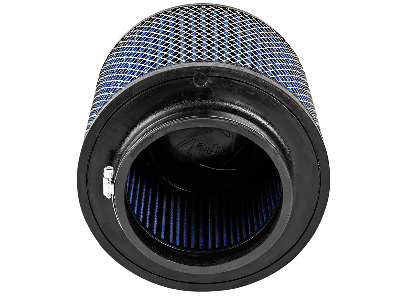 afe Magnum FORCE replacement air filter featuring a cylindrical design with expanded metal and a blue filter element.