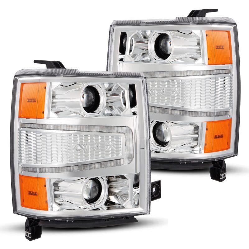 AlphaRex LUXX LED projector headlights for 2004-2015 Chevy 1500HD with sequential activation and signal lights.