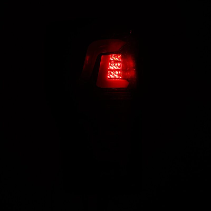 AlphaRex PRO-Series LED tail lights for 17-19 Ford F250 Super Duty in red smoke finish, designed without blind spot sensor.