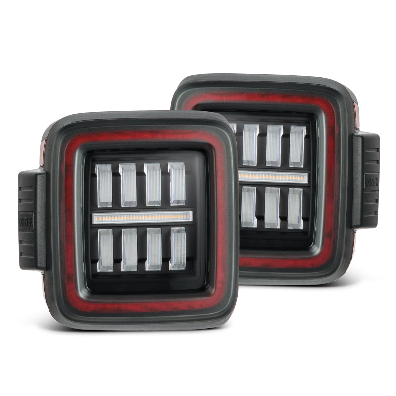 AlphaRex NOVA Prismatic LED taillights for 2018-2023 Jeep Wrangler JL in black and red, featuring a modern design.