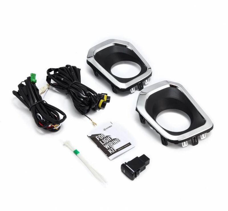 AlphaRex bezel and wiring kit for 2016-2022 Toyota Tacoma, includes two bezels and wiring components for fog lights.