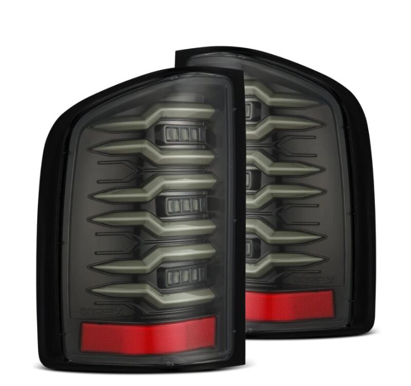 AlphaRex LUXX-Series LED tail lights for 07-13 Chevrolet Silverado 1500, featuring a sleek black design and modern LED accents.