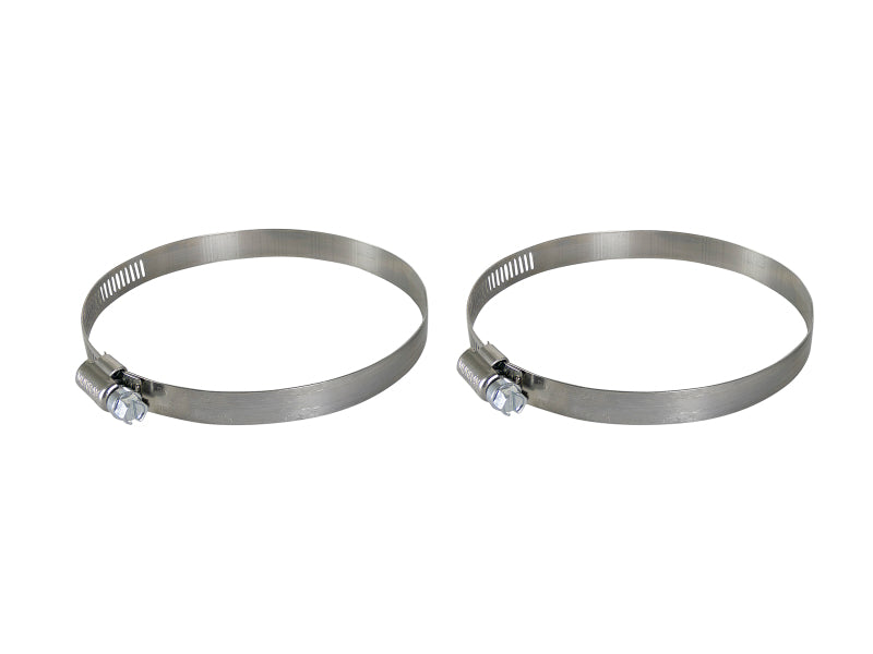 Durable afe Magnum FORCE replacement clamp kit for 2-1/2 inch to 4-1/2 inch ID range, includes two stainless steel clamps.