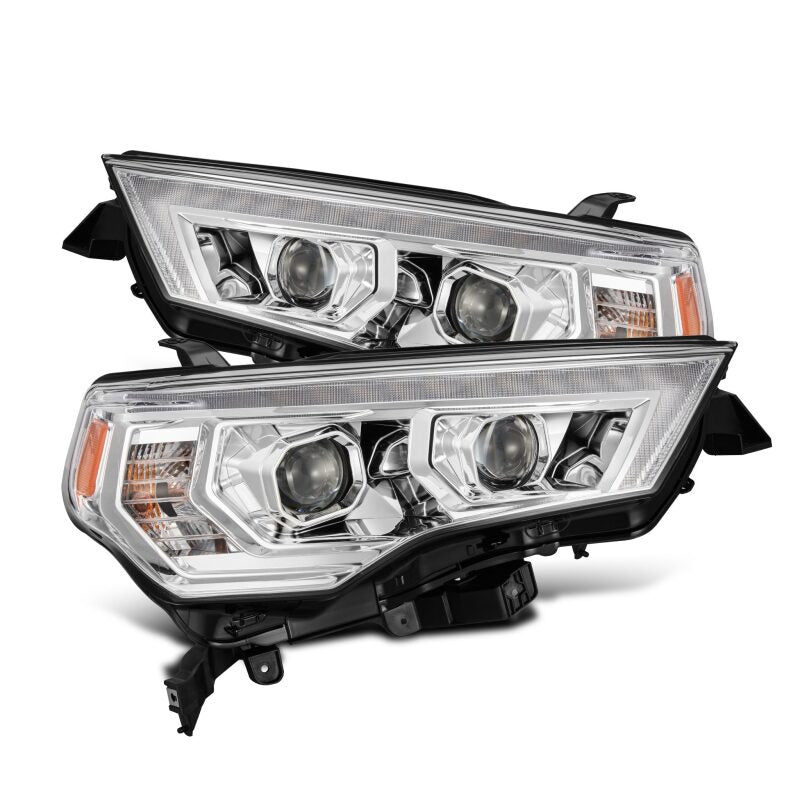 AlphaRex LUXX-Series LED projector headlights for 14-22 Toyota 4Runner with chrome finish, sequential signals, and DRL.