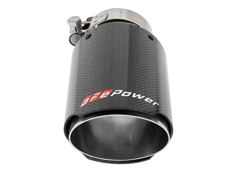 Afe MACH Force-Xp universal exhaust tip with a 2-1/2 inch inlet, 3-1/2 inch outlet, and 7 inch length, featuring a carbon fiber finish.