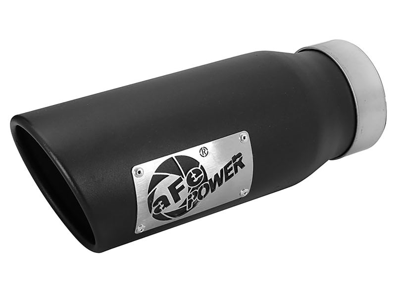 Black afe MACH Force-Xp universal exhaust tip with a 3-1/2 inch inlet, 4-1/2 inch outlet, and 12 inch length.