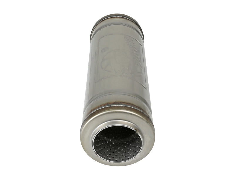 afe MACH Force-Xp round muffler with 3-inch inlet, 5-inch diameter, and 14-inch length, designed for enhanced exhaust flow.