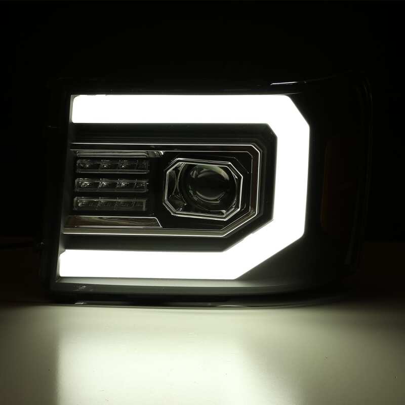 AlphaRex LUXX-Series LED projector headlight for 07-13 GMC Sierra 1500, featuring jet black housing, active light, and sequential signal.