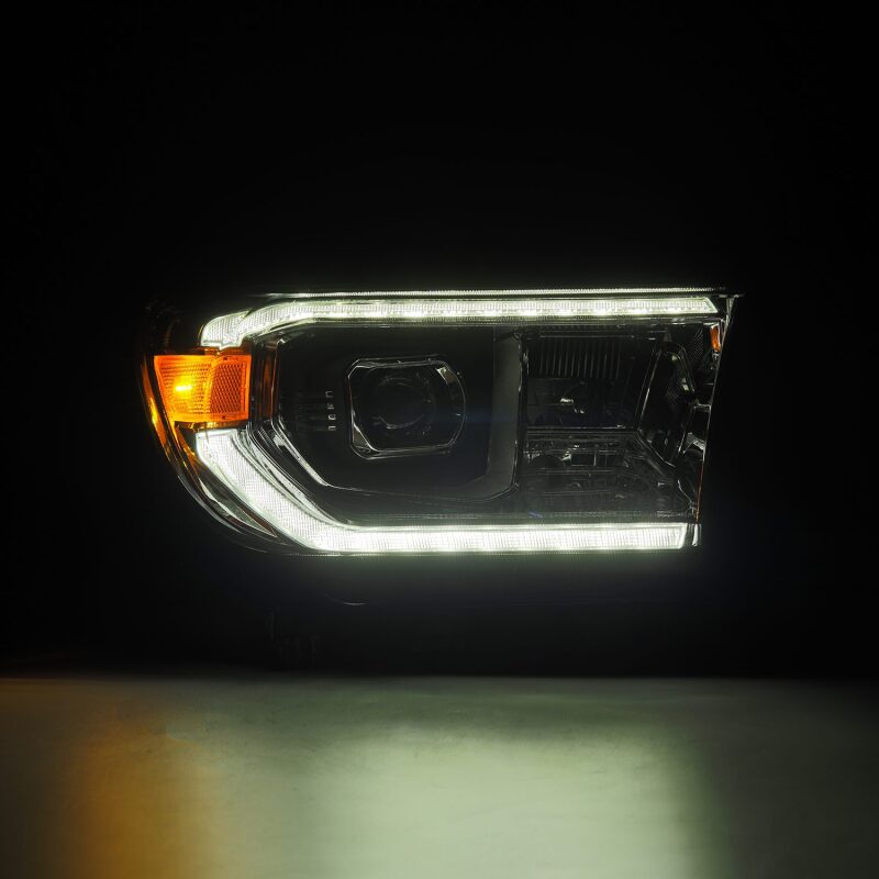 AlphaRex LUXX LED projector headlight for 07-13 Toyota Tundra and 08-17 Sequoia with chrome finish, sequential signal, and DRL.