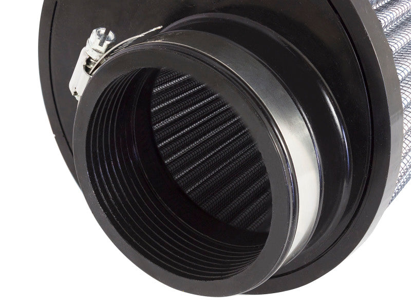 Universal air filter with a 3-inch offset inlet, 6-inch base, and 8-inch height, designed for enhanced airflow and performance.