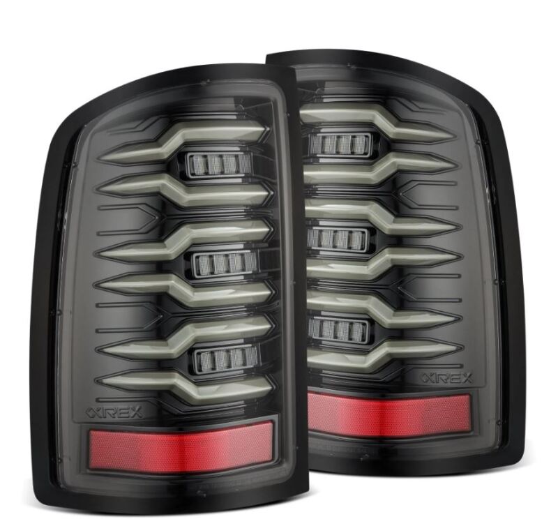 AlphaRex Luxx Series LED tail lights for 07-13 GMC Sierra models in Alpha Black, featuring a sleek design and enhanced visibility.