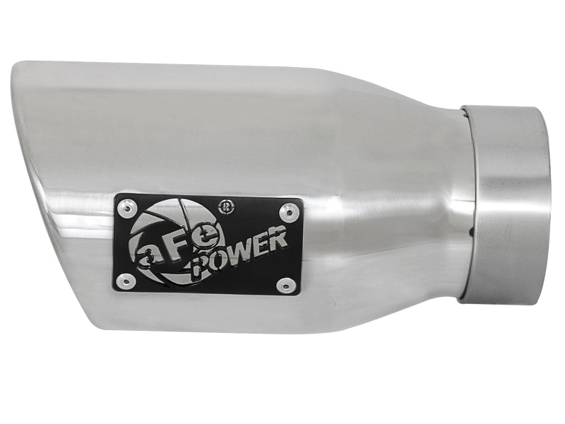Polished stainless steel afe MACH Force-Xp universal exhaust tip with a 3-inch inlet, 4.5-inch outlet, and 9-inch length.