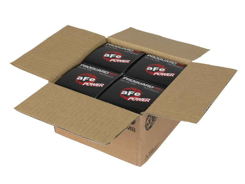 aFe ProGuard oil filter pack in a cardboard box, featuring four filters designed for Yamaha OE replacement.