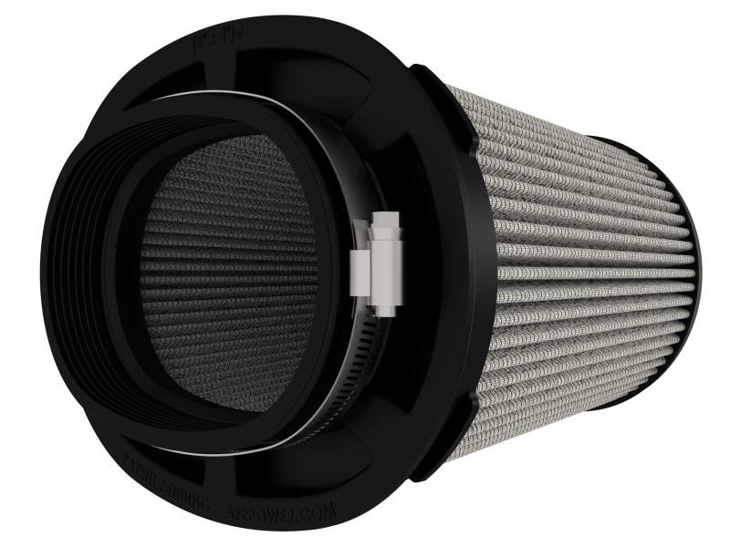 aFe MagnumFLOW Pro DRY S Air Filter featuring a cylindrical design with a durable black frame and pleated filter media for optimal airflow.